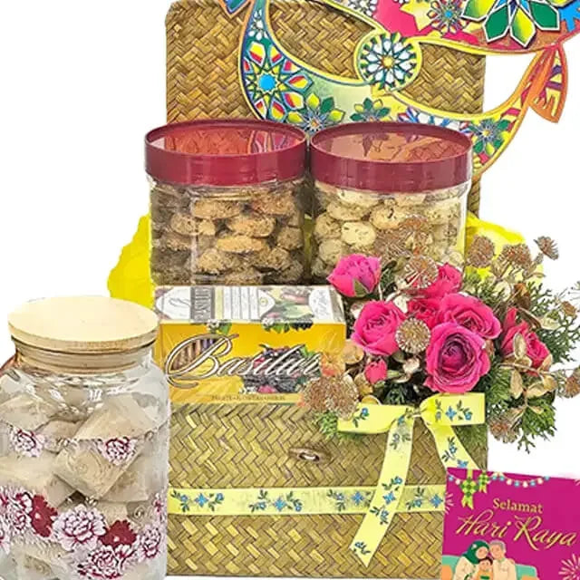 Hari Raya hamper with cookies, pink flower bouquet, and festive card for flower delivery