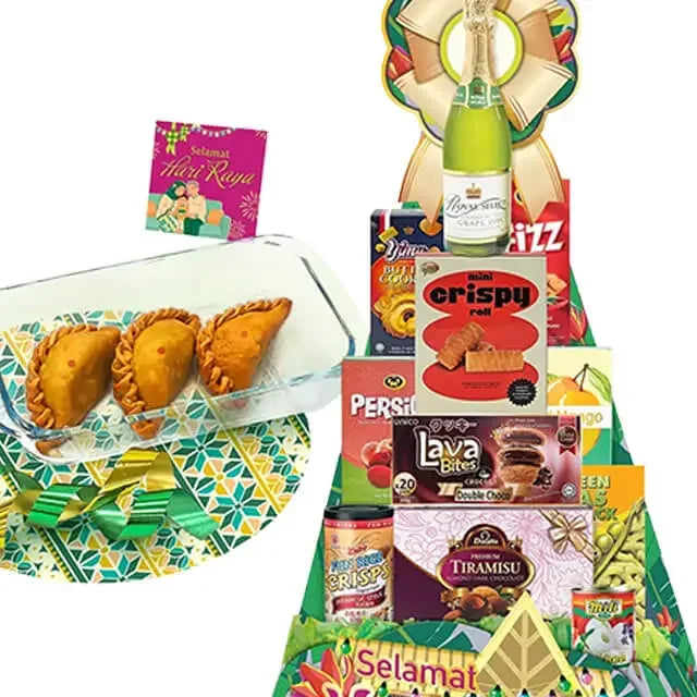 Festive gift hamper with assorted snacks and Raya greeting, ideal for flower delivery gifts