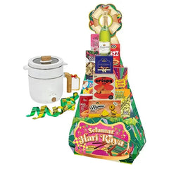 Hari Raya festive hamper with snacks, sparkling drink, and rice cooker, ideal for flower delivery gifts