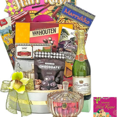 Hari Raya festive hamper with flower, snacks, sparkling drink, and gift items for delivery