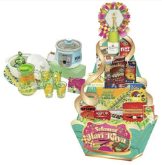 Hari Raya gift hamper with festive snacks, drinks, glassware, and kitchenware, ideal for flower delivery gift.