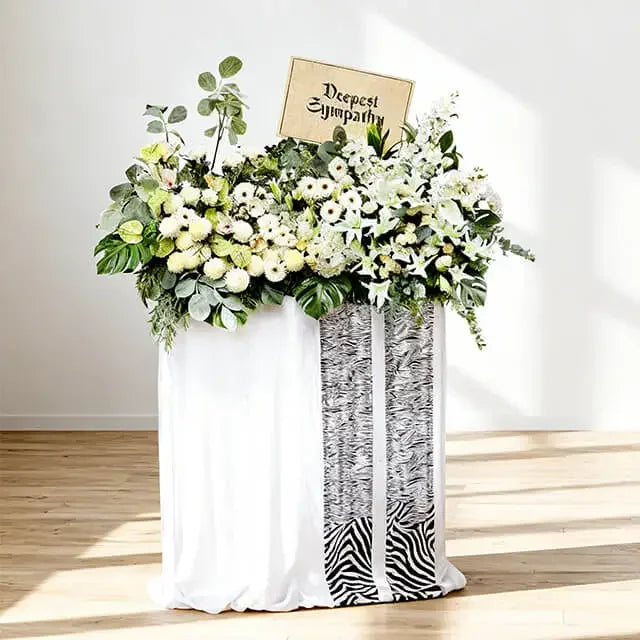 White sympathy flower stand with lilies and chrysanthemums for condolence flower delivery
