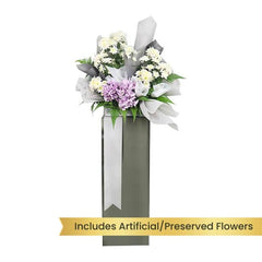 Standing floral arrangement with white and purple flowers for flower delivery, includes preserved flowers